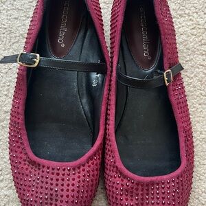 Women's Burgundy/red Rhinestone Mary Jane Flats